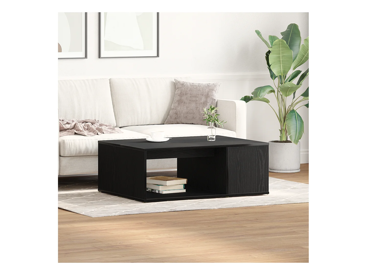 Zwarte eiken salontafel 90x67x33 cm bewerkt hout