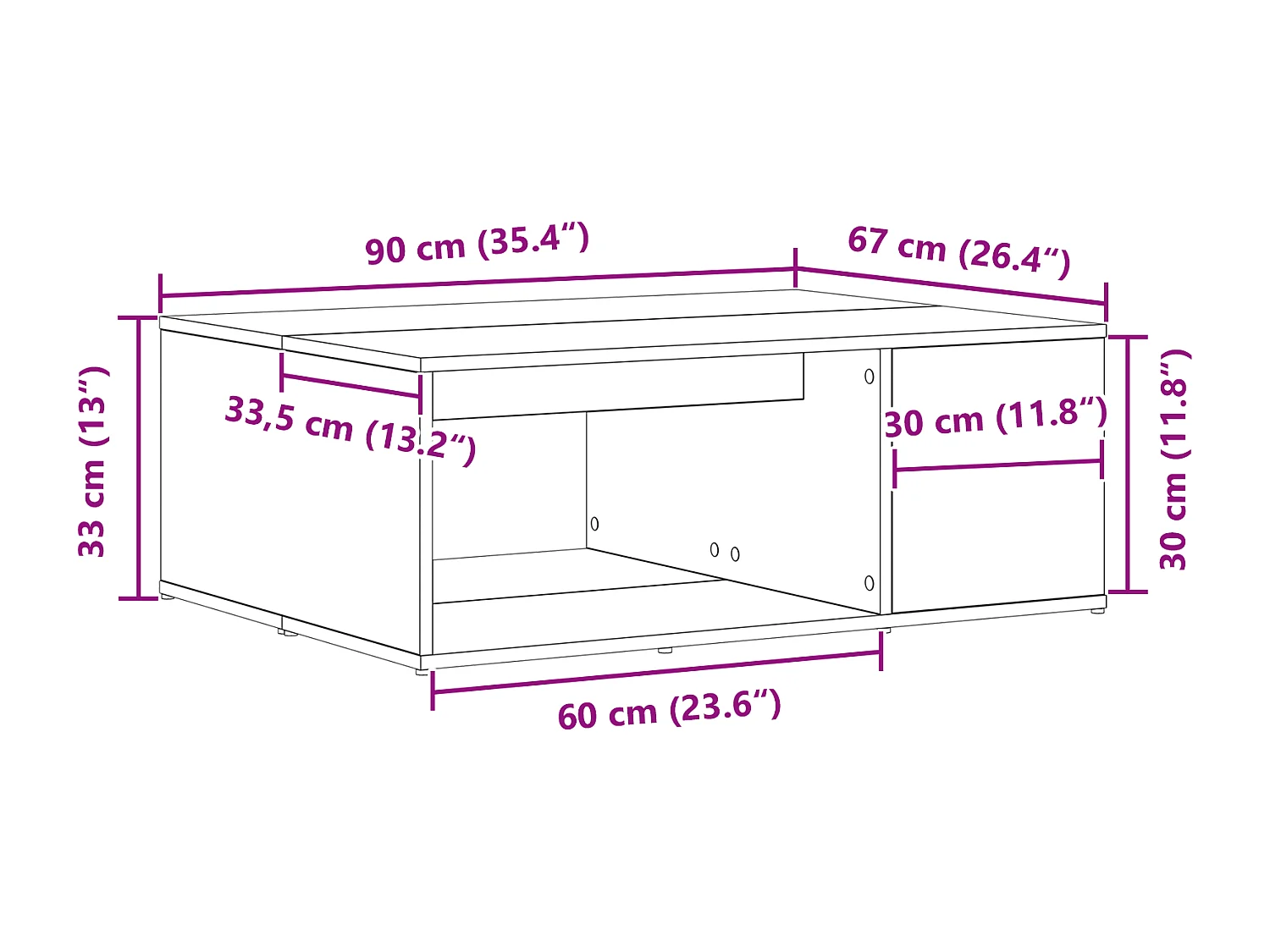 Zwarte eiken salontafel 90x67x33 cm bewerkt hout