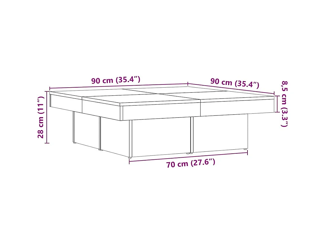 Handgemaakte eikenhouten salontafel 90x90x28 cm bewerkt hout