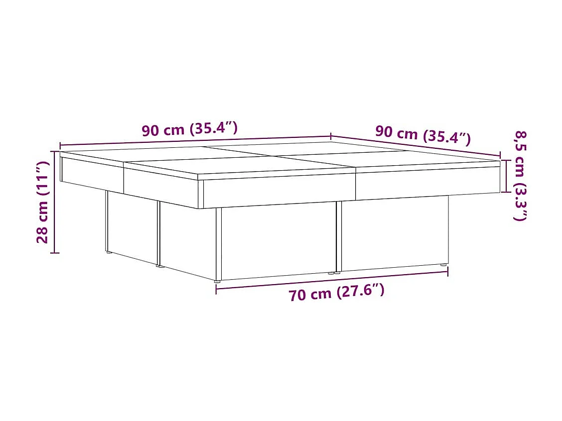 Handgemaakte eikenhouten salontafel 90x90x28 cm bewerkt hout