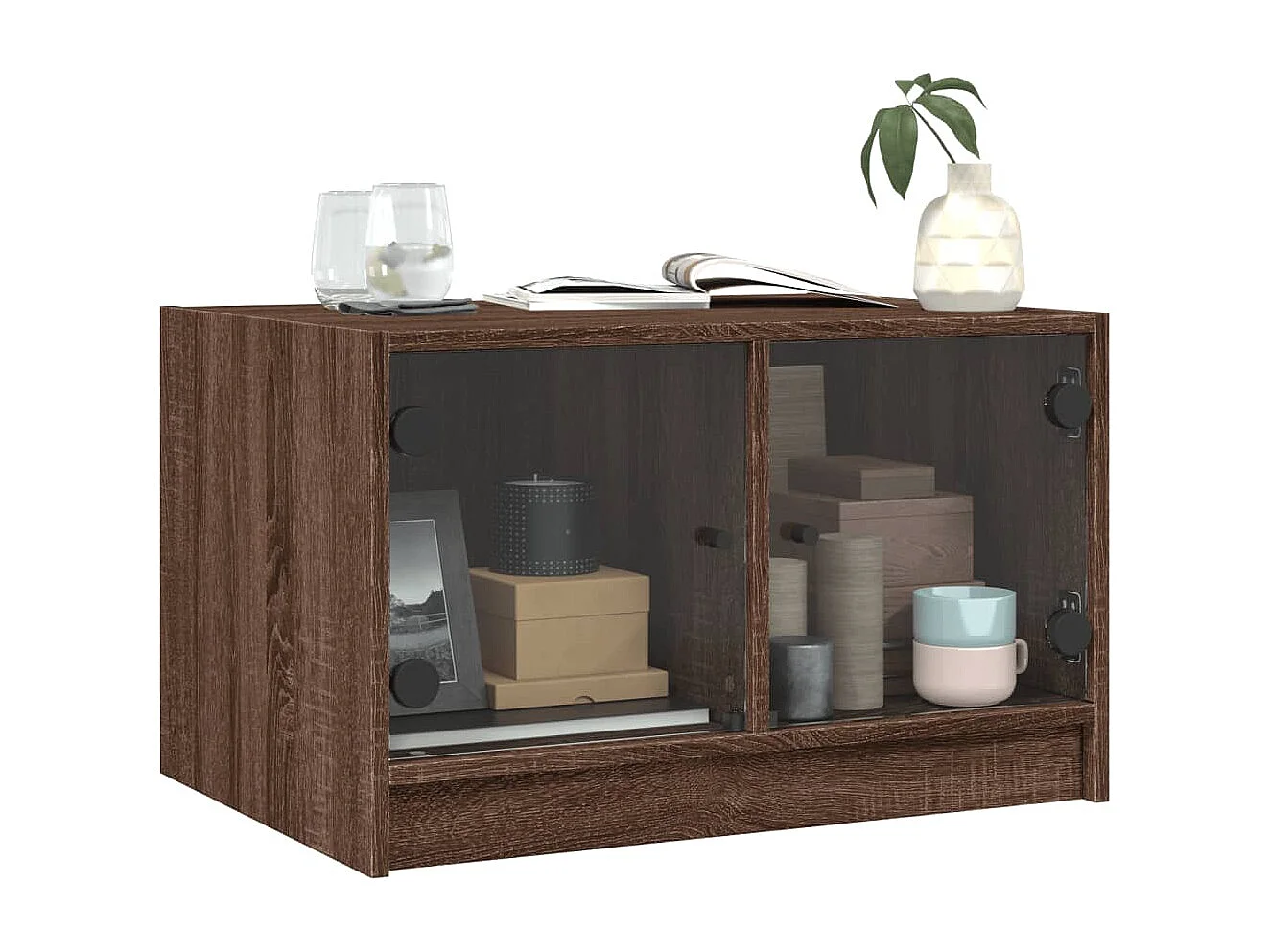 Mesa de centro con puertas de cristal, roble marrón, 68x50x42 cm