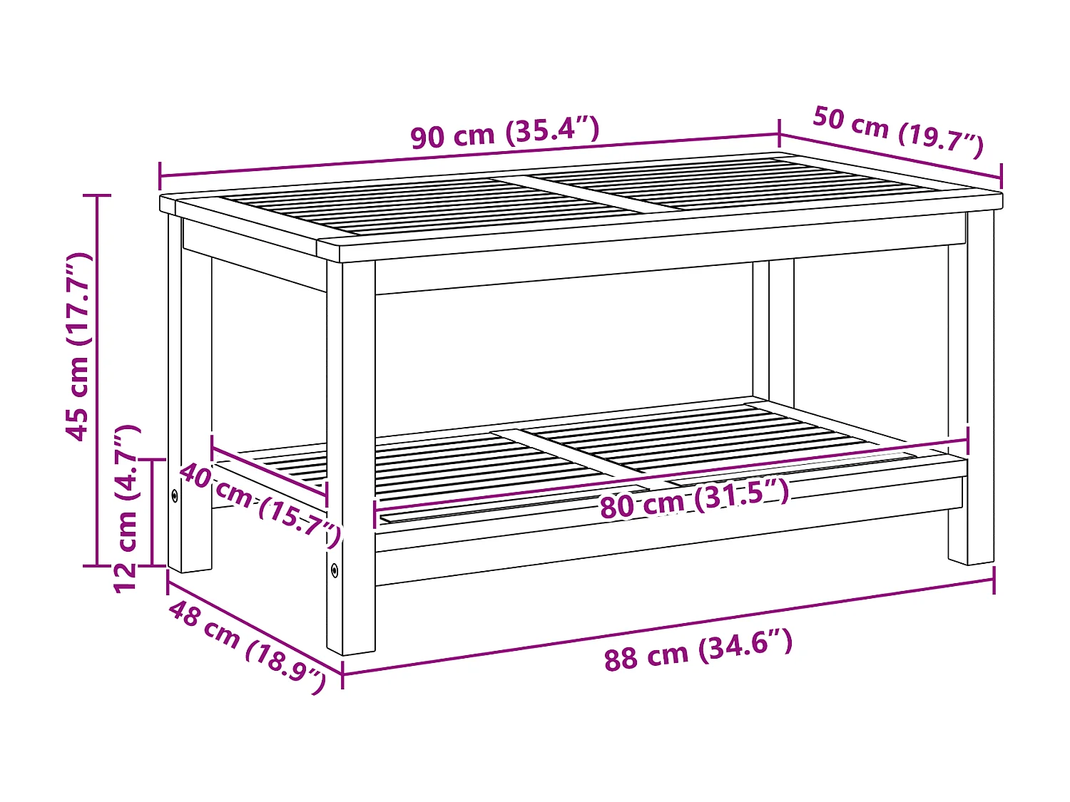 Table basse 90x50x45 cm en bois d'acacia massif