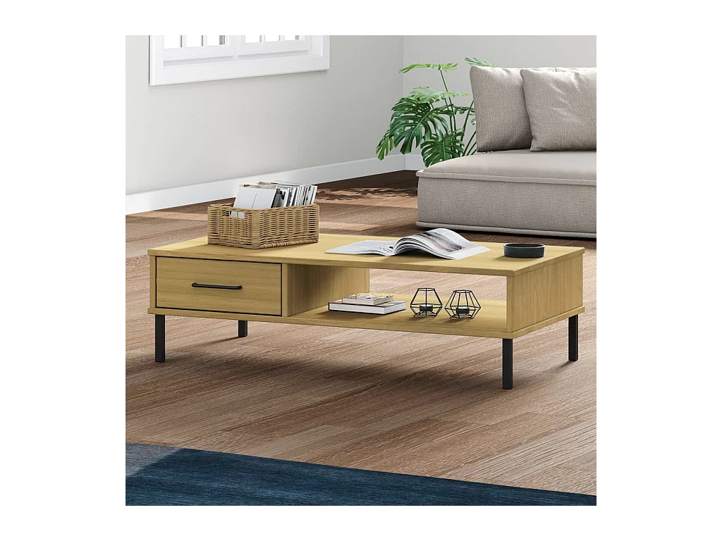 Table basse avec pieds en métal Marron Bois pin massif OSLO