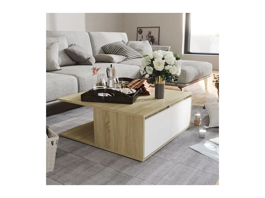 Table basse blanc et chêne sonoma 80x80x31 cm bois d'ingénierie