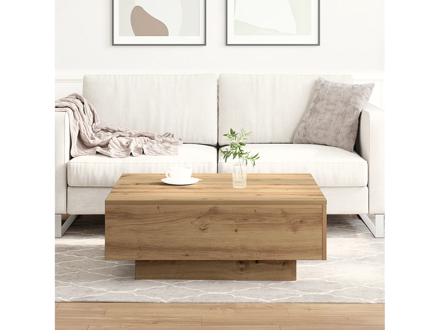 Table basse Chêne artisanal 80x80x31 cm Bois d'ingénierie