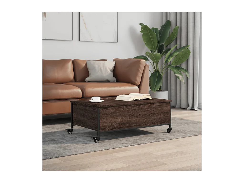 Mesa de centro con ruedas de madera de ingeniería de roble marrón