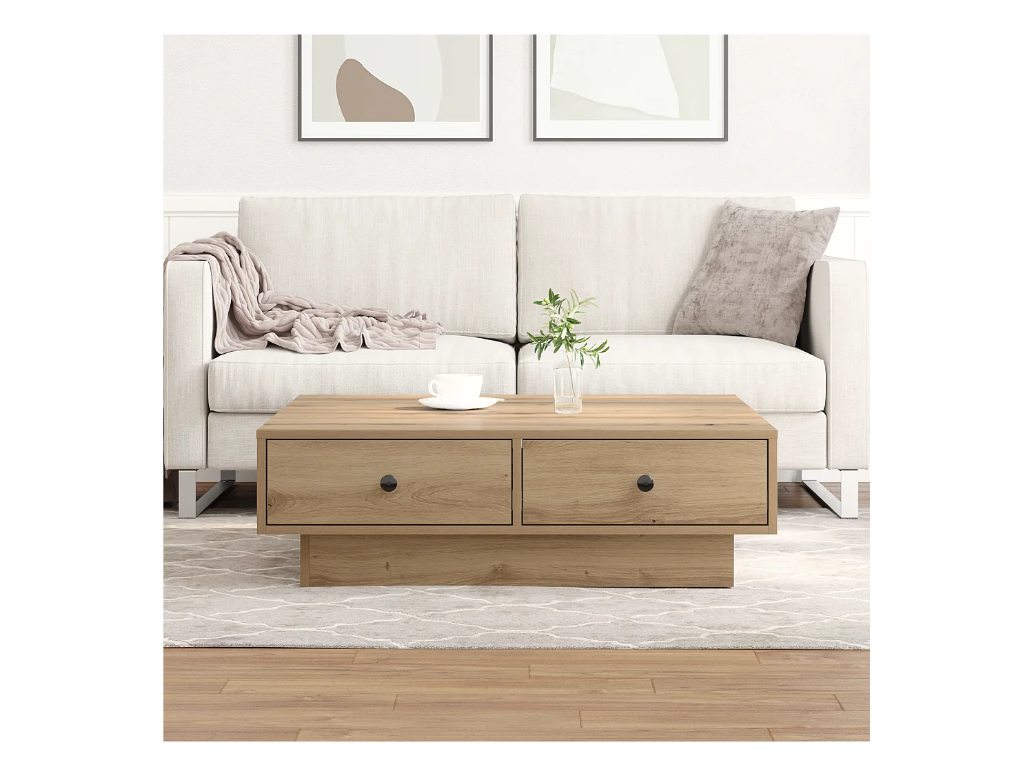 Table Basse Chêne Artisan Placage, MDF 90 x 90 x 28 cm Rangement