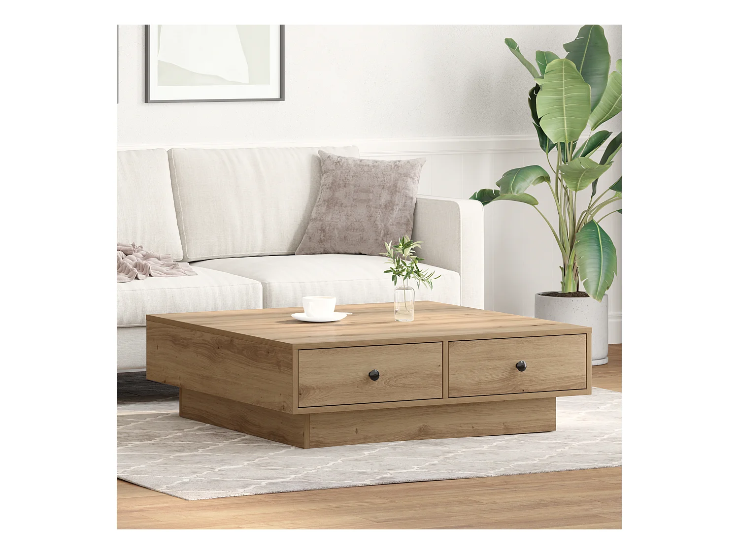 Table Basse Chêne Artisan Placage, MDF 90 x 90 x 28 cm Rangement