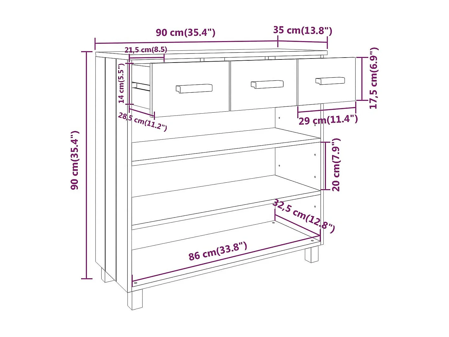 Consoletafel Wit 90x35x90 cm Massief grenenhout
