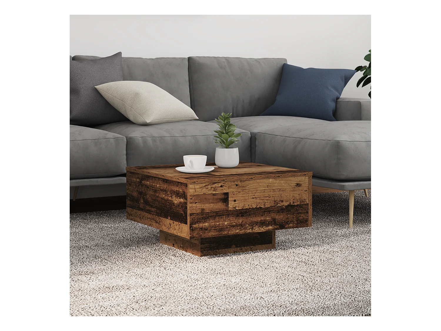 Table basse avec lumières LED en bois vieilli 55x55x31 cm