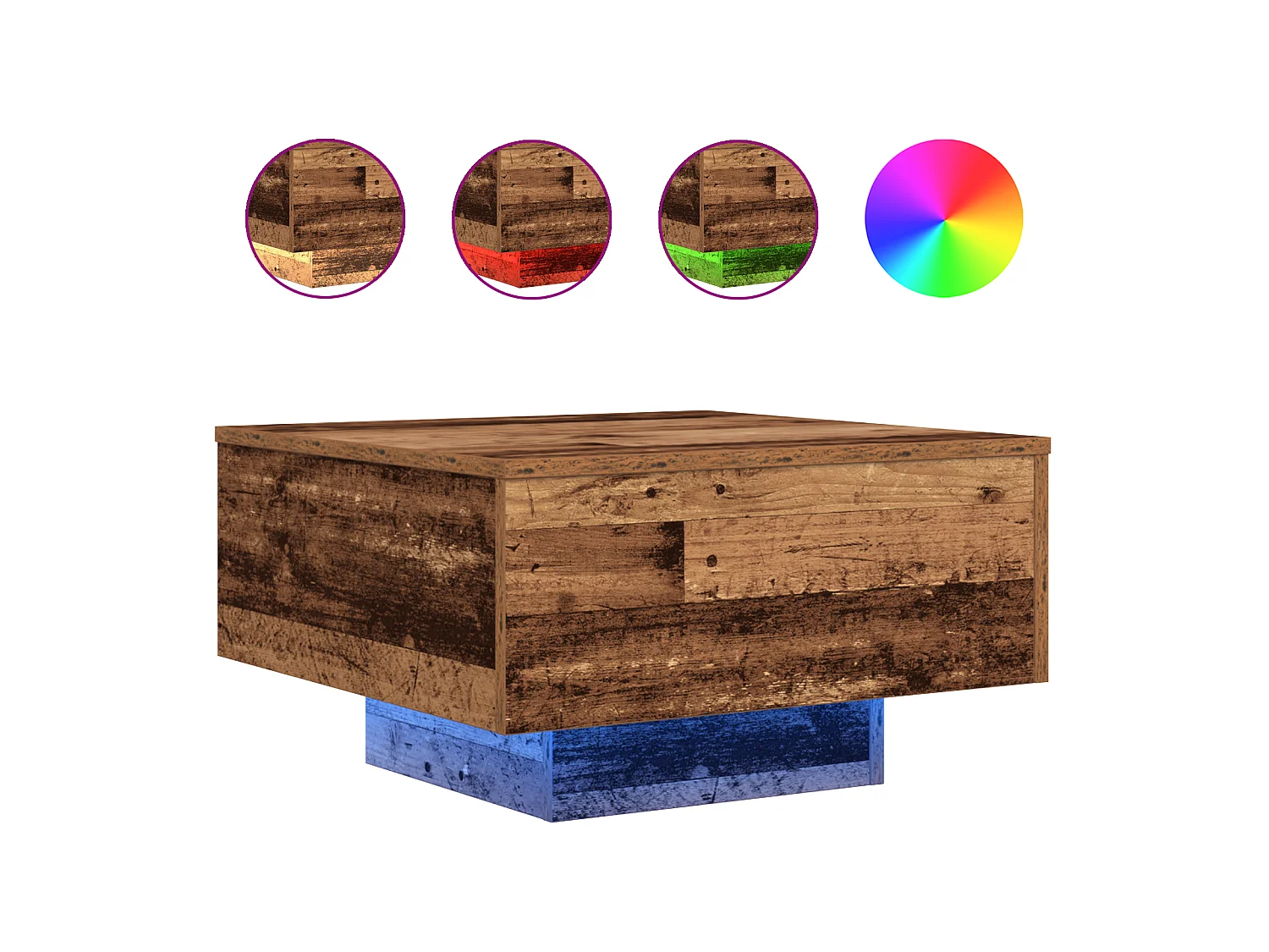 Table basse avec lumières LED en bois vieilli 55x55x31 cm