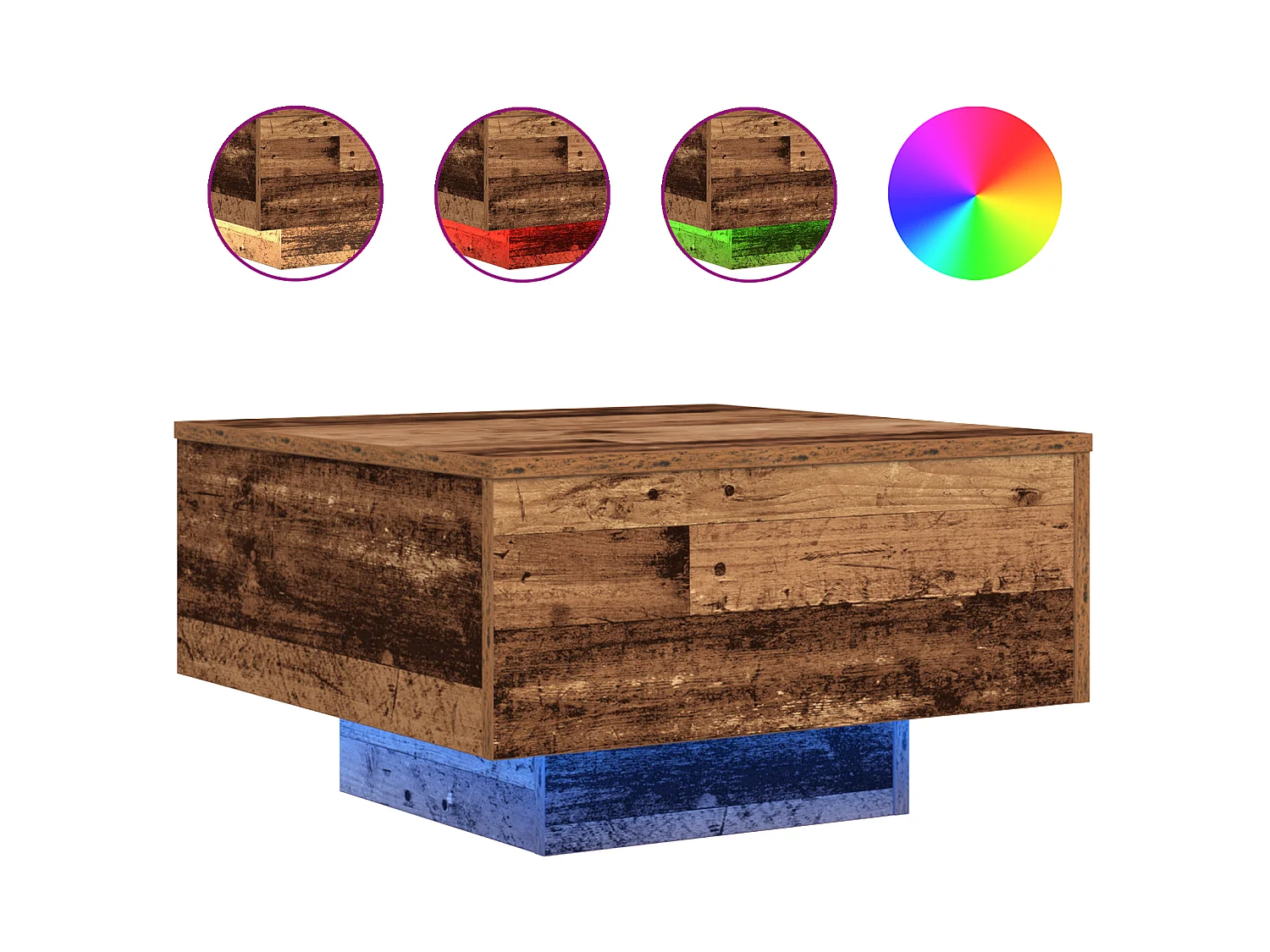 Table basse avec lumières LED en bois vieilli 55x55x31 cm