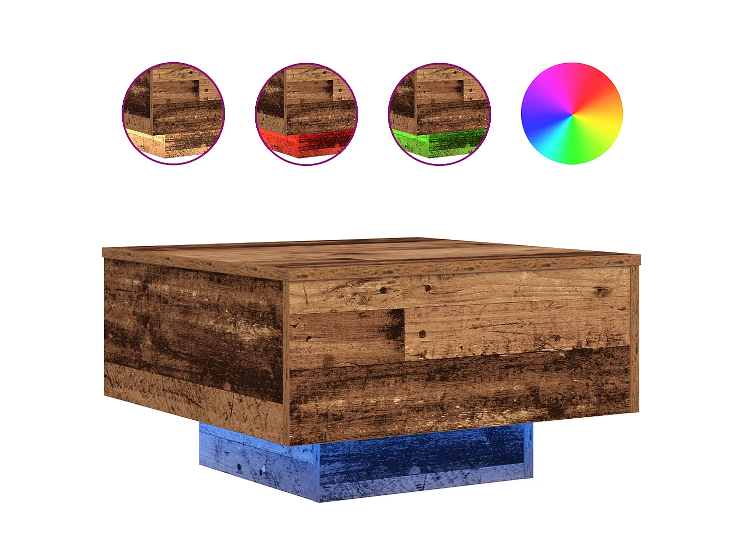 Table basse avec lumières LED en bois vieilli 55x55x31 cm