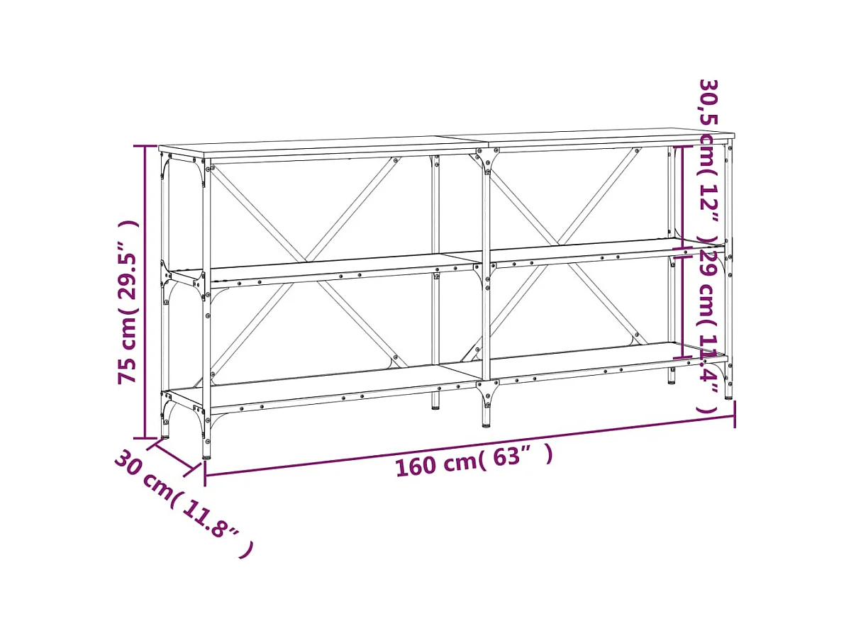 Table console sonoma gris 160x30x75 cm bois d'ingénierie et fer