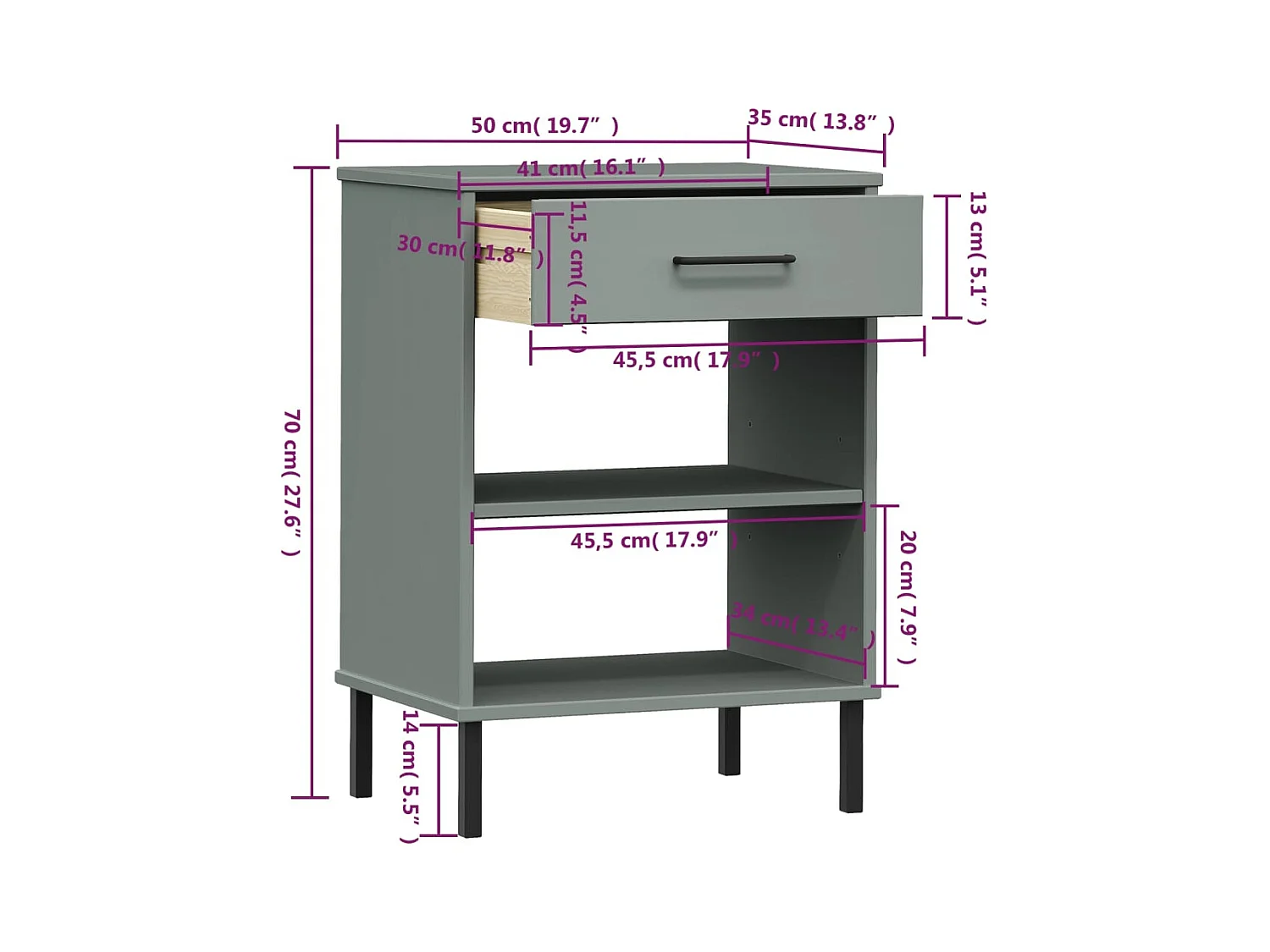 Consola con patas de metal Gris Madera maciza de pino OSLO