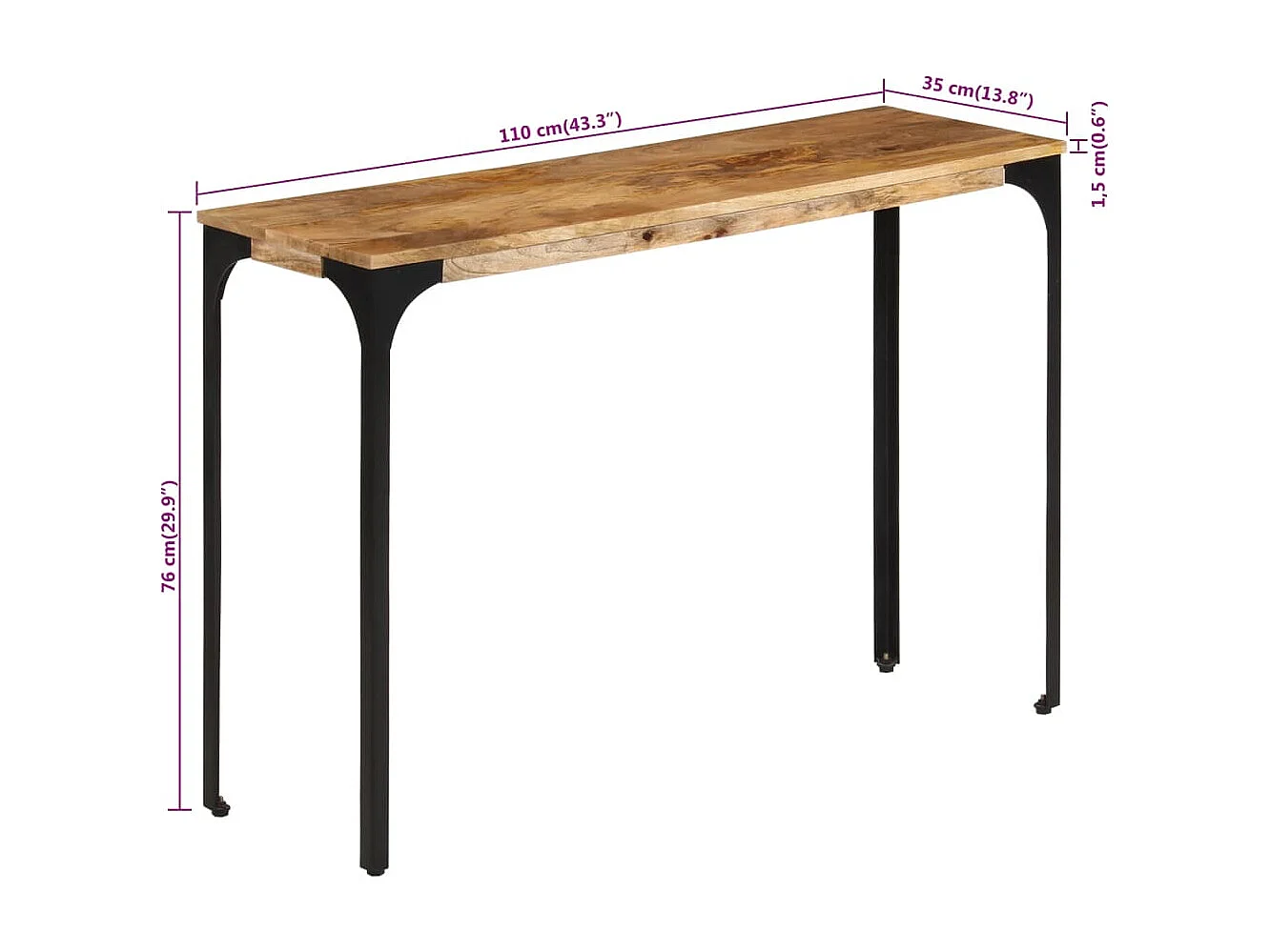 Table console marron 110x35x76cm bois massif de manguier et fer