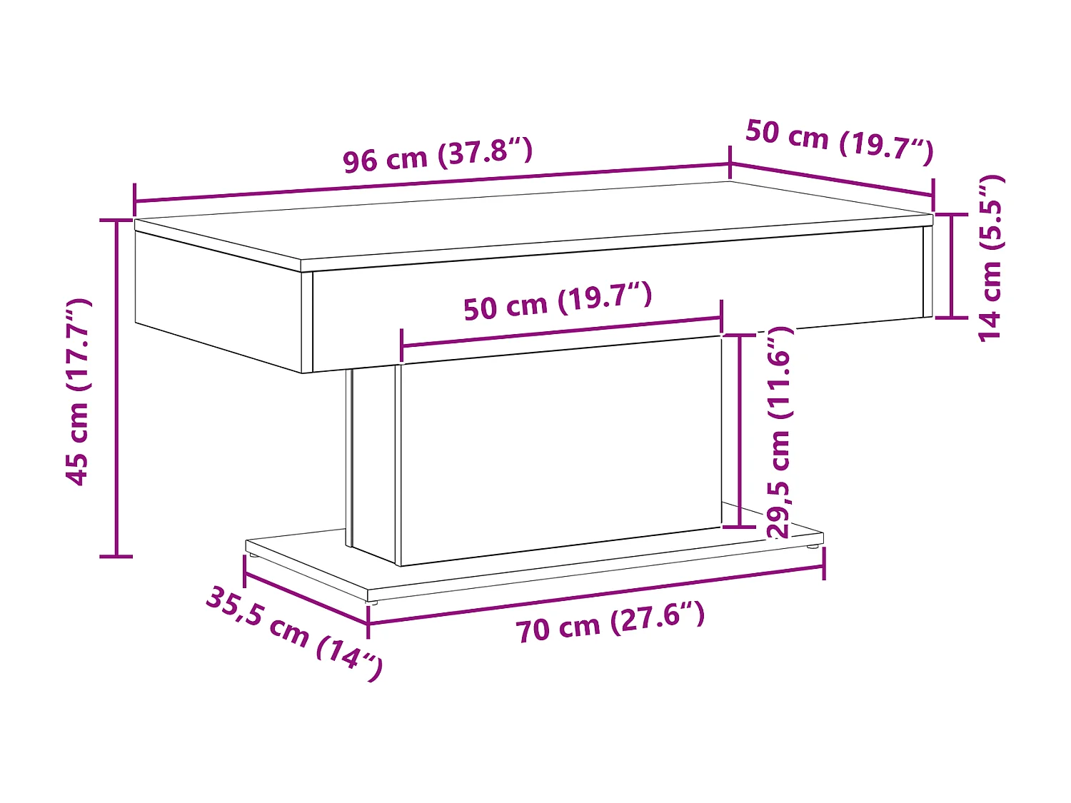 Zwarte houten salontafel 96x50x45 cm, gemaakt van bewerkt hout