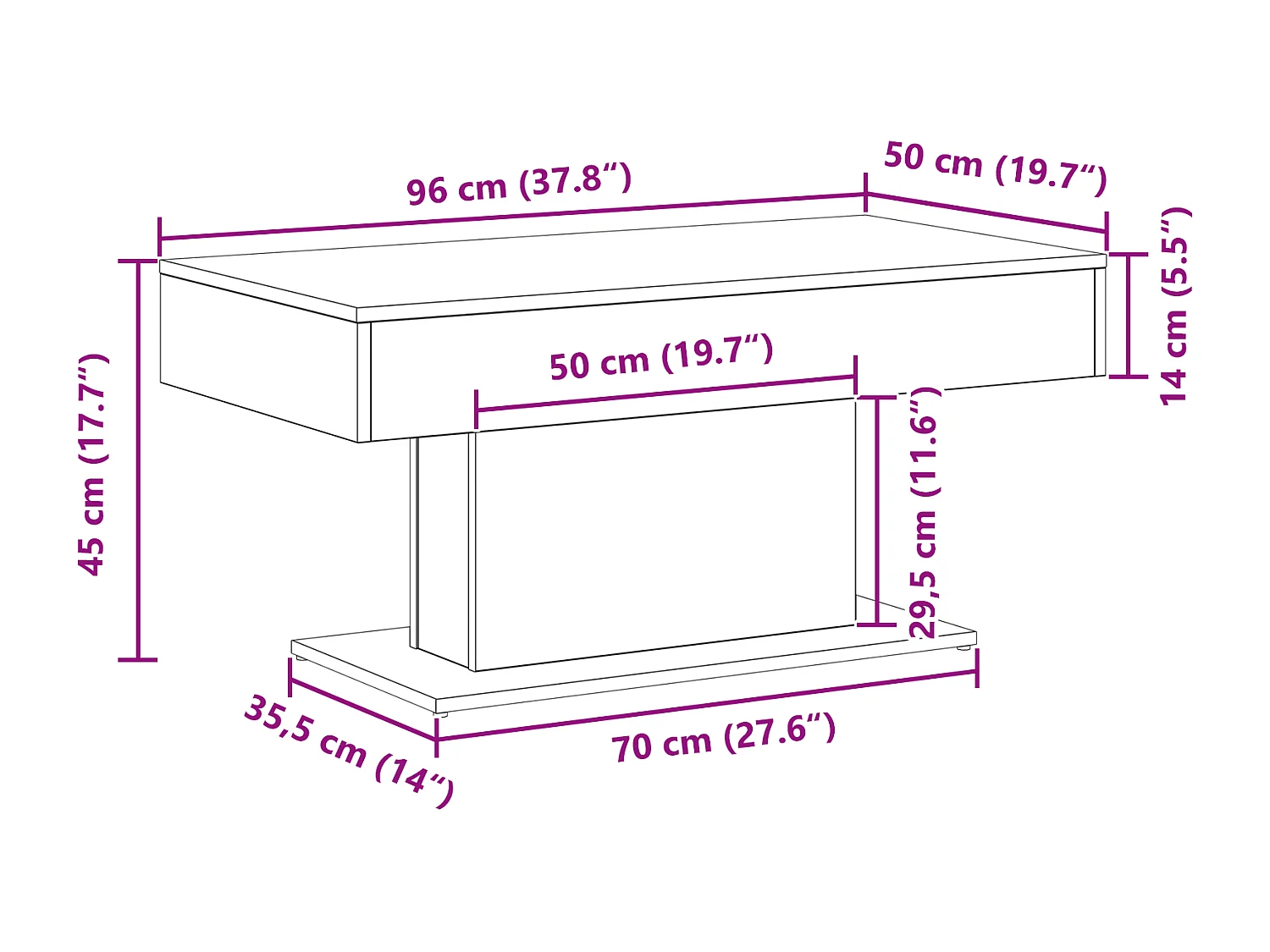Table basse en bois noir 96x50x45 cm, en bois d'ingénierie