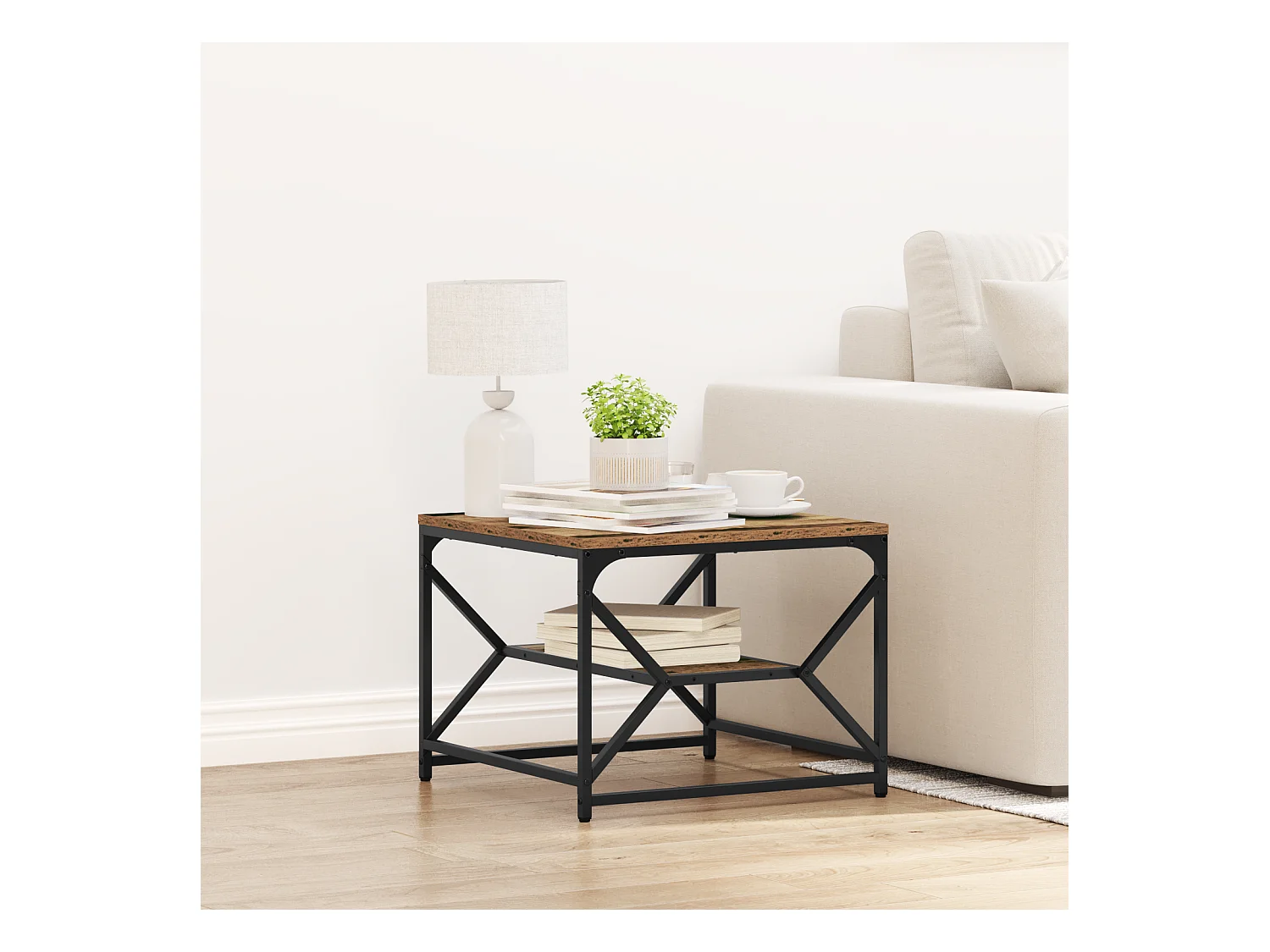 Table basse avec étagère en bois vieilli 51x50x40 cm en bois technique