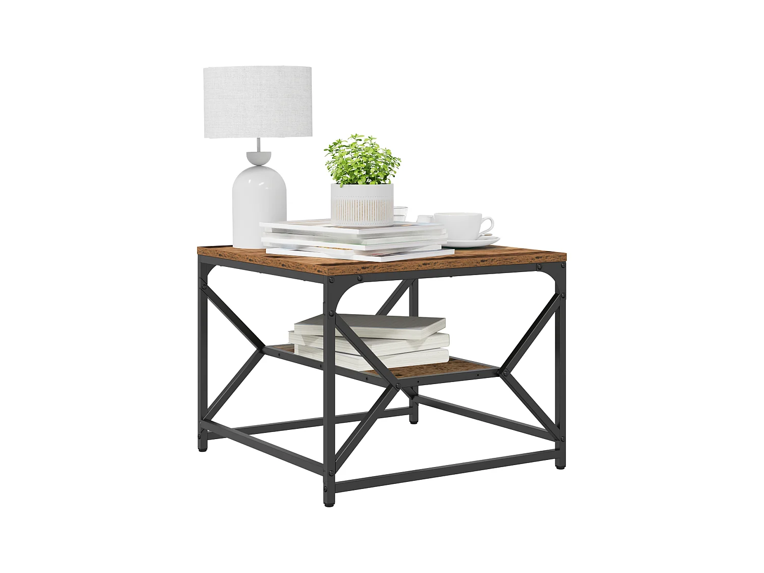 Table basse avec étagère en bois vieilli 51x50x40 cm en bois technique