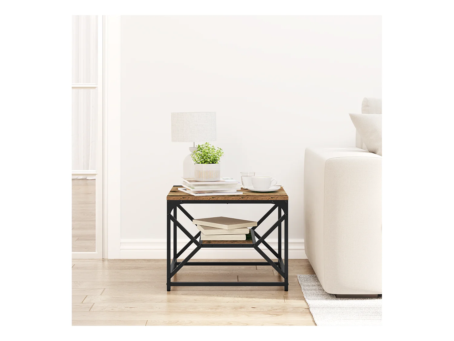 Table basse avec étagère en bois vieilli 51x50x40 cm en bois technique