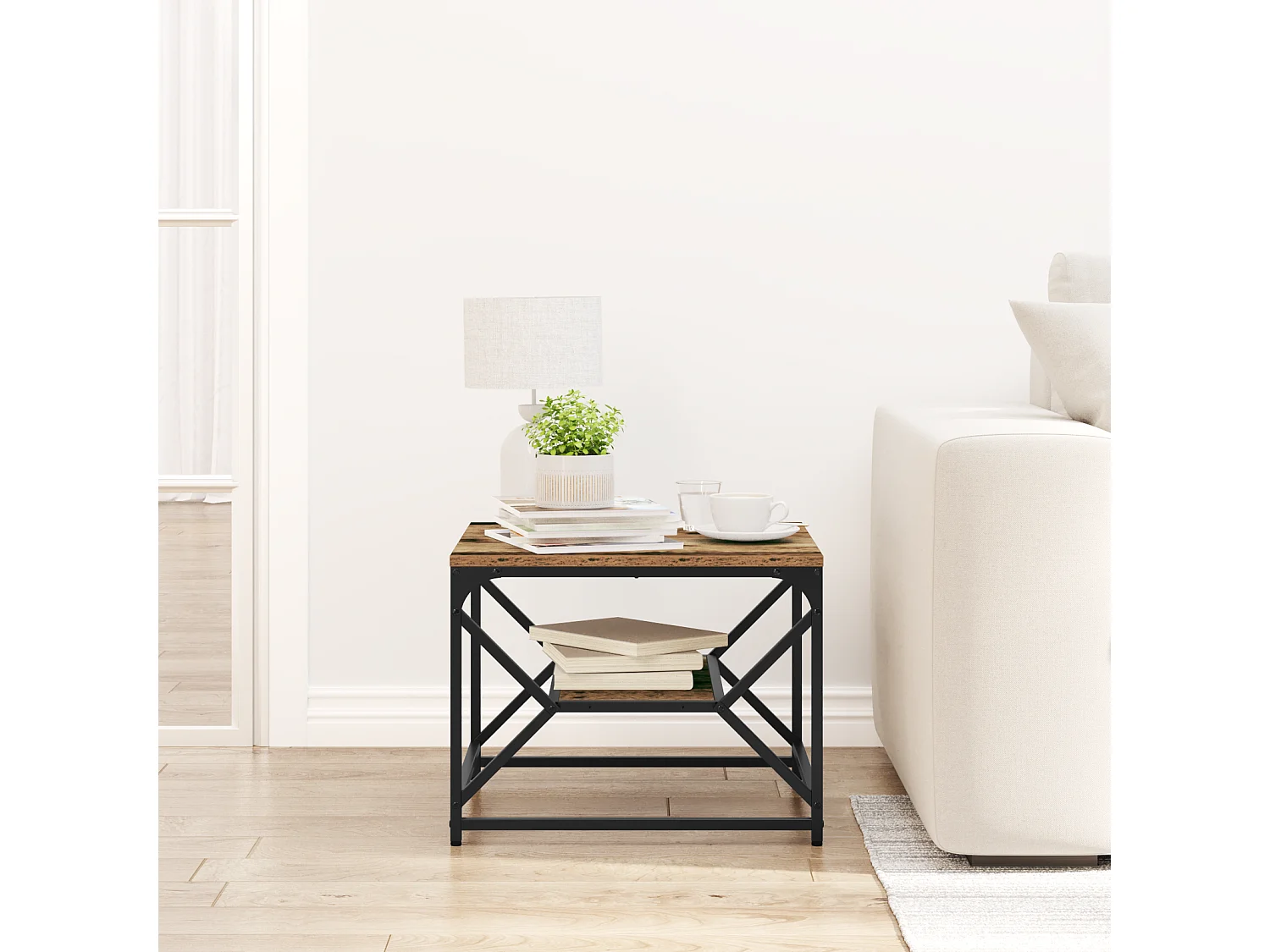 Table basse avec étagère en bois vieilli 51x50x40 cm en bois technique