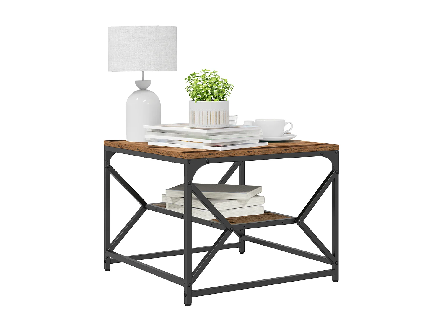 Table basse avec étagère en bois vieilli 51x50x40 cm en bois technique