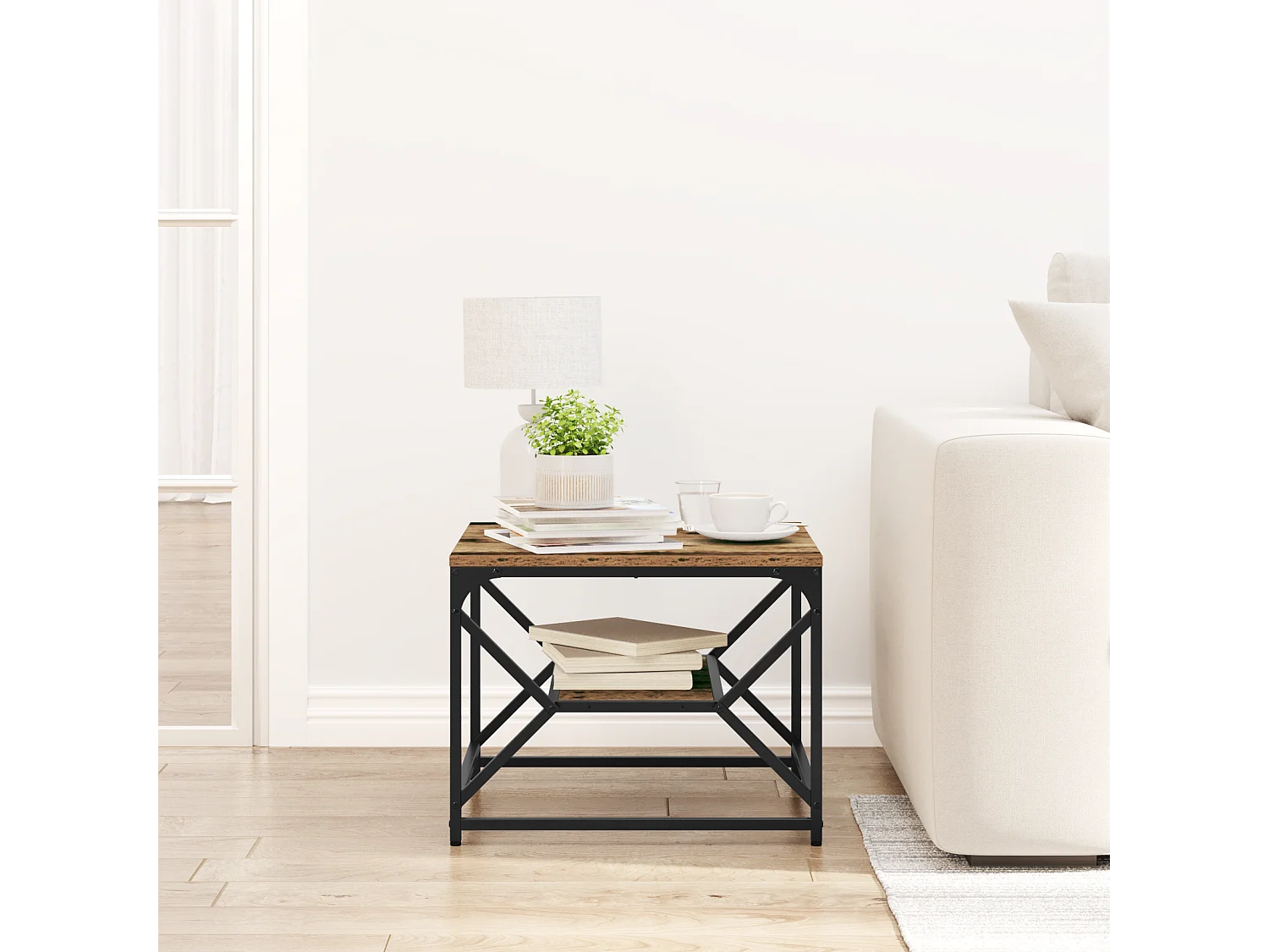 Table basse avec étagère en bois vieilli 51x50x40 cm en bois technique