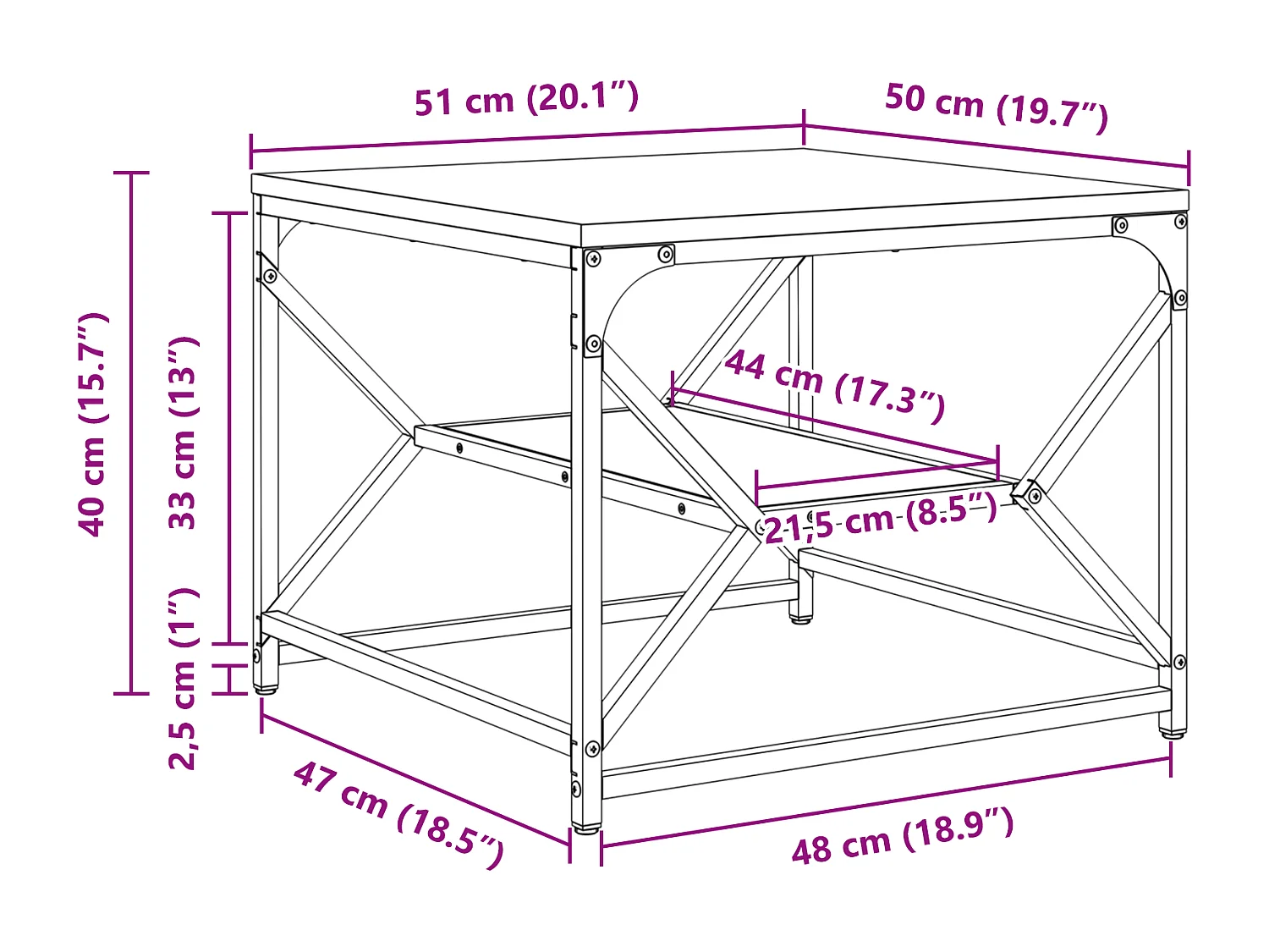 Table basse avec étagère en bois vieilli 51x50x40 cm en bois technique