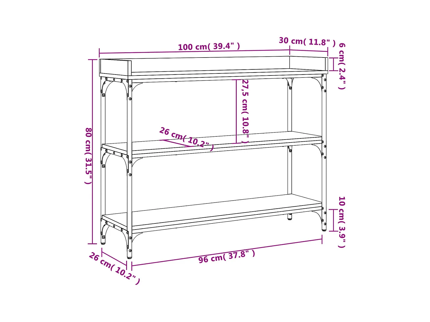 Consoletafel met planken zwart 100x30x80 cm