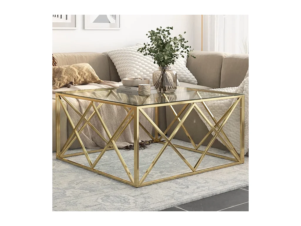 Table basse doré acier inoxydable et verre trempé