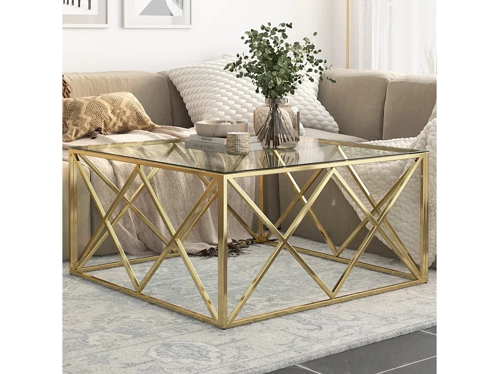 Table basse doré acier inoxydable et verre trempé