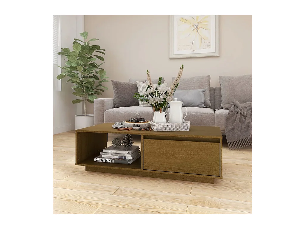Table basse marron miel 110x50x33,5 cm bois de pin massif