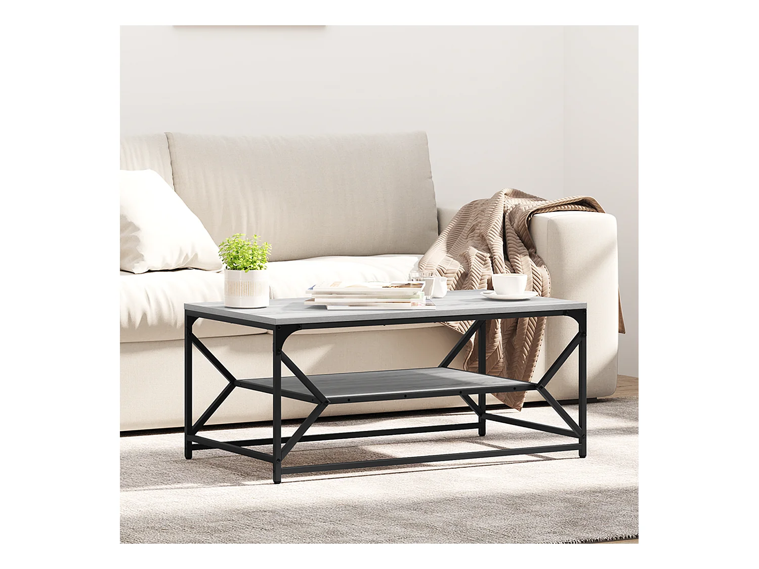 Sonoma Grijze Salontafel met Plank 90x50x40 cm van Bewerkt Hout
