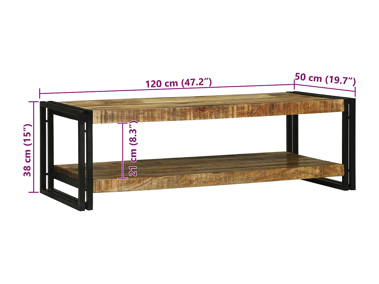 Table basse 120x50x38 cm en bois massif de manguier brut