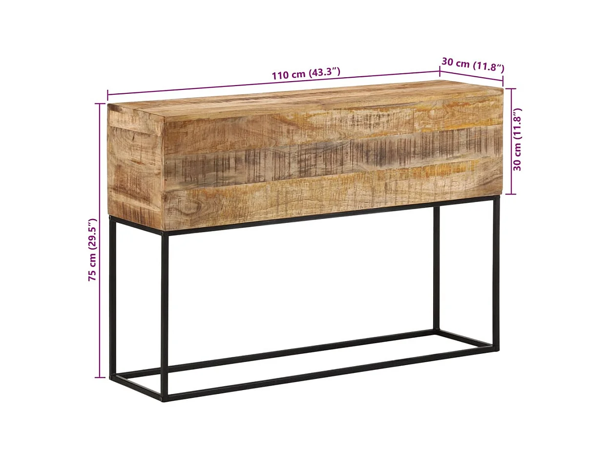 Table console 110x30x75 cm bois de manguier massif brut et fer
