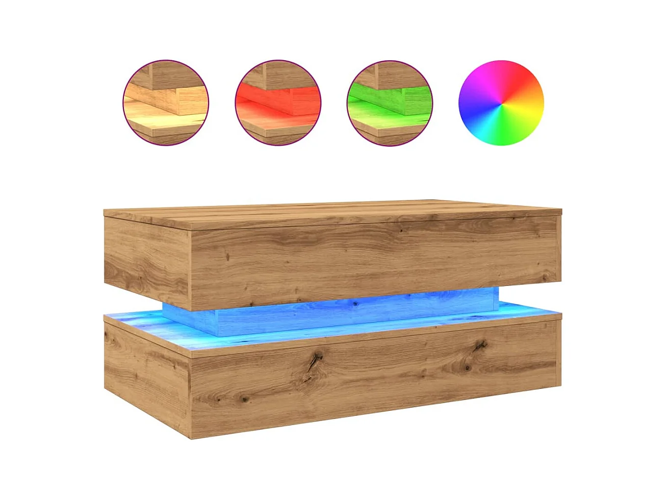 Mesa de centro con luces LED, roble artesanal, 90x50x40 cm