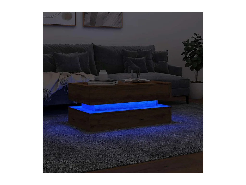 Mesa de centro con luces LED, roble artesanal, 90x50x40 cm