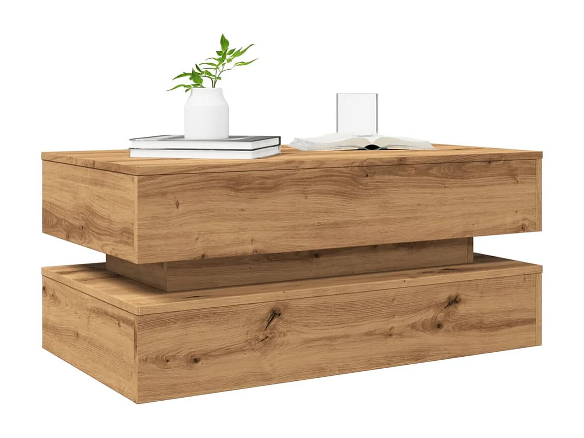 Tavolino con luci LED, rovere lavorato a mano, 90x50x40 cm