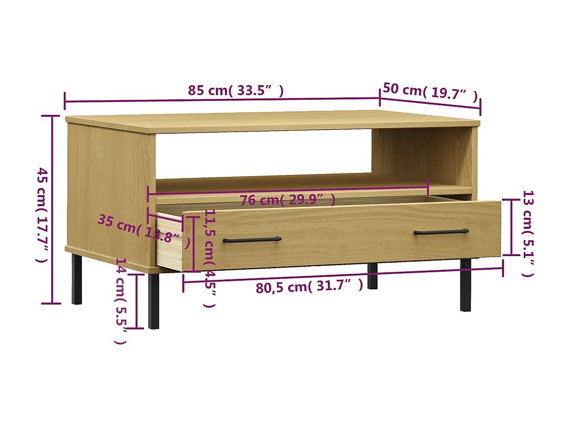 Mesa de centro con patas de metal Marrón 85x50x45 cm Madera OSLO
