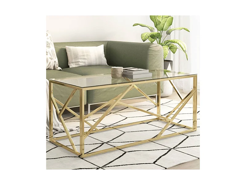 Tavolino da caffè dorato in acciaio inox e vetro temperato