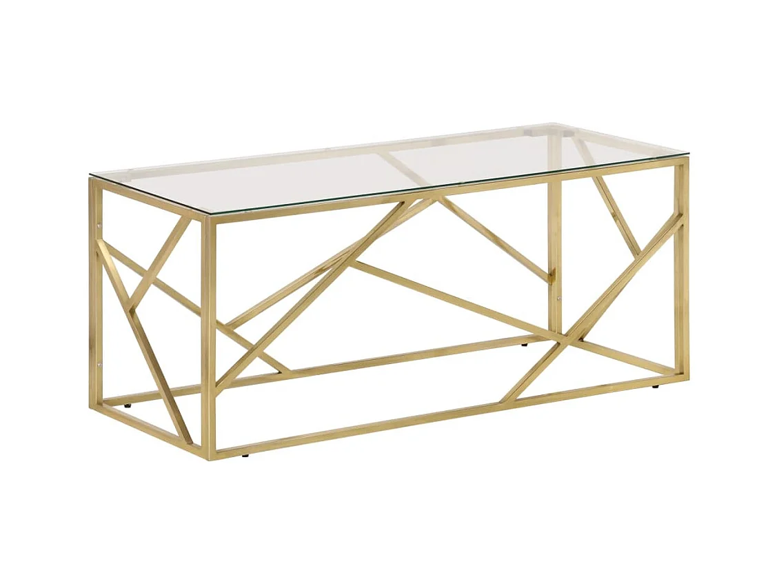 Mesa de centro dorada en acero inoxidable y cristal templado.