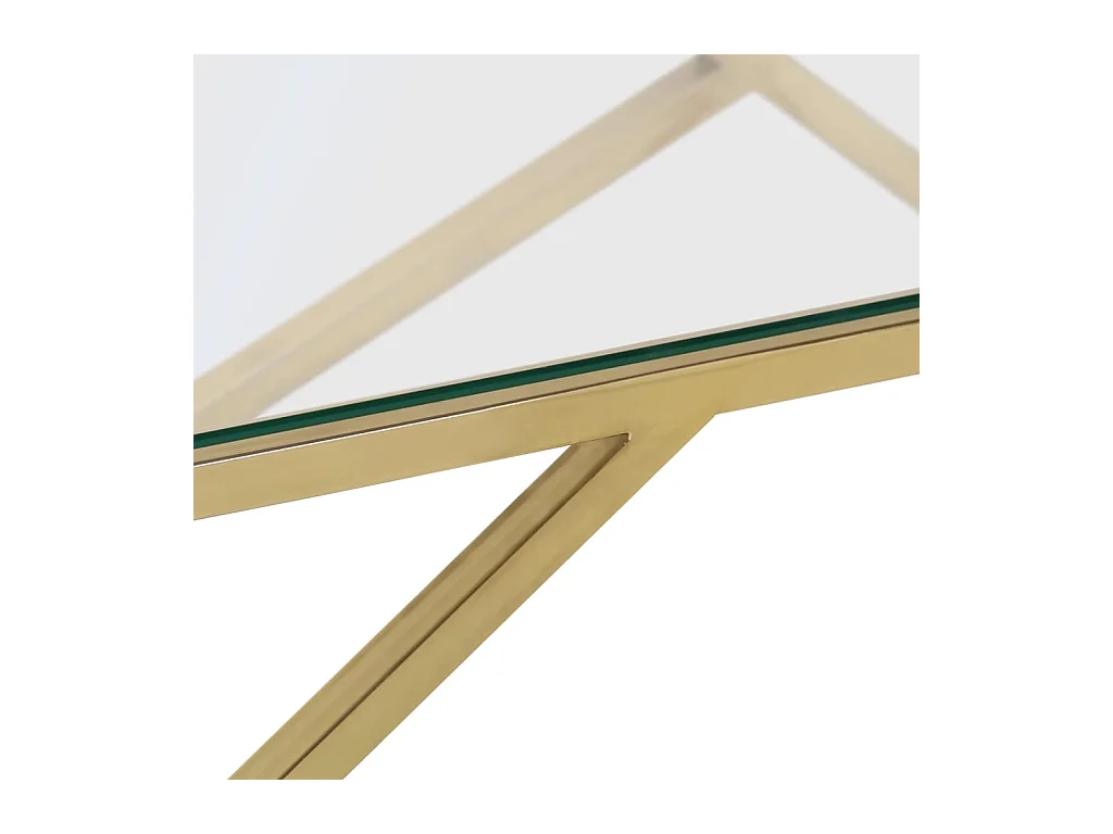 Mesa de centro dorada en acero inoxidable y cristal templado.