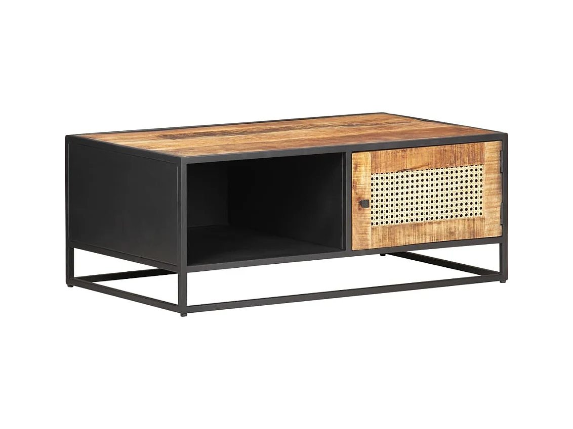 Table basse 90x50x35cm Bois de manguier brut et canne naturelle