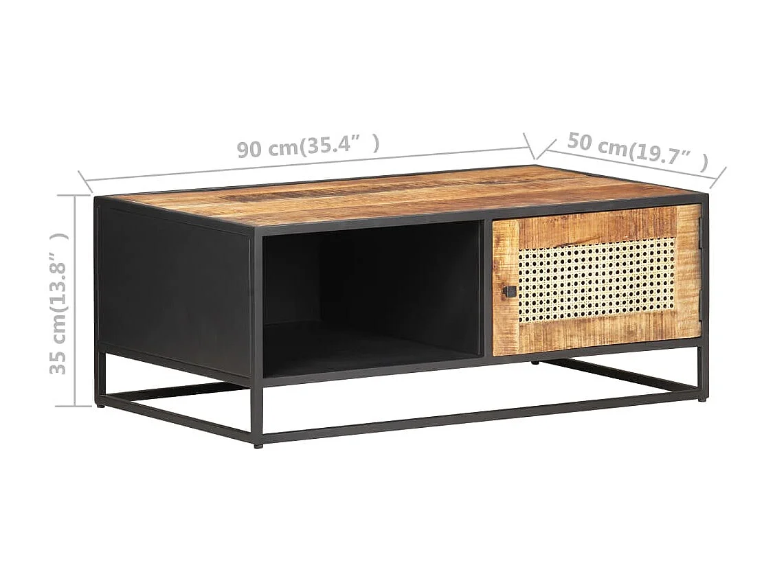 Table basse 90x50x35cm Bois de manguier brut et canne naturelle