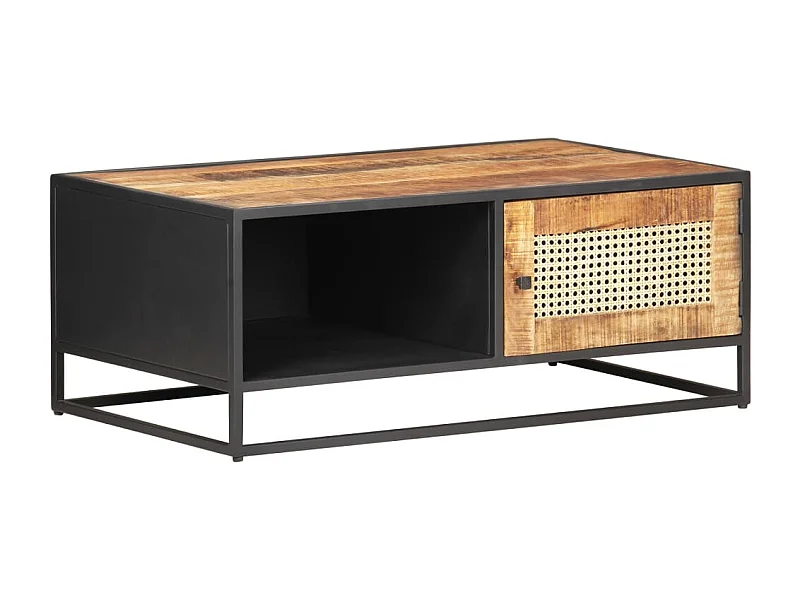 Table basse 90x50x35cm Bois de manguier brut et canne naturelle