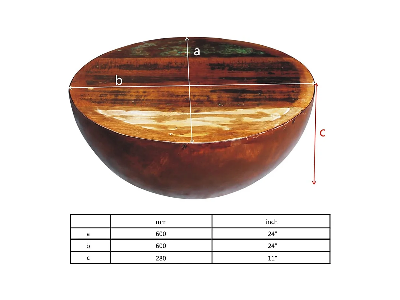 Table basse Forme de bol avec base en acier Bois recyclé