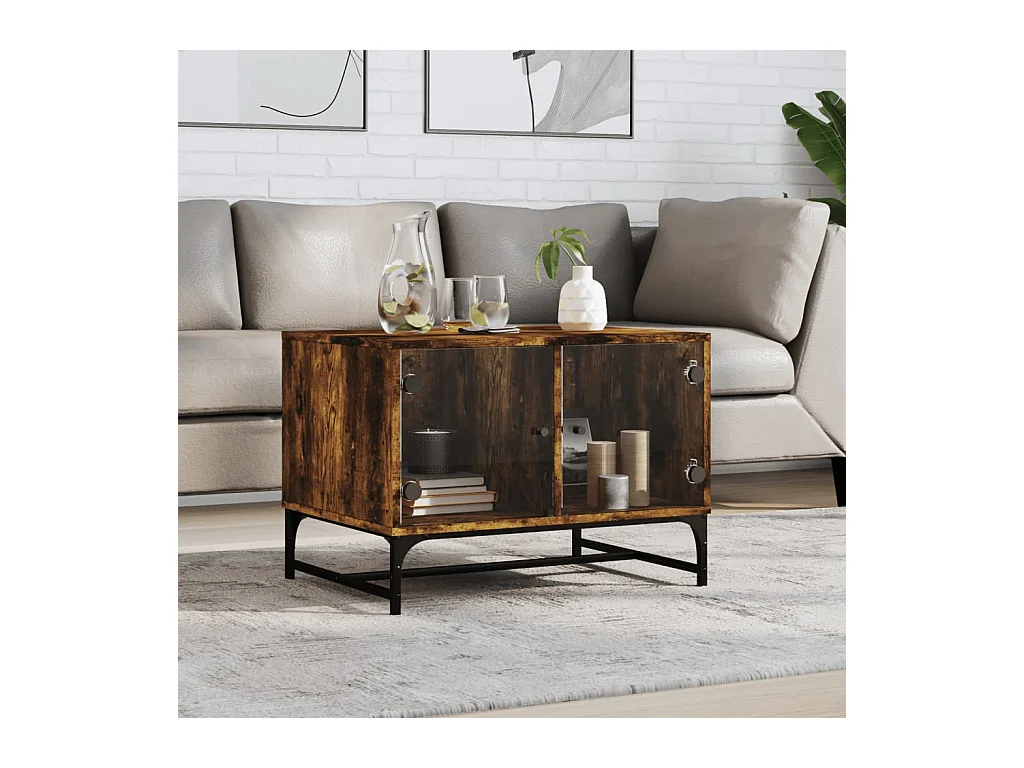 Table basse avec portes en verre chêne fumé 68,5x50x50 cm