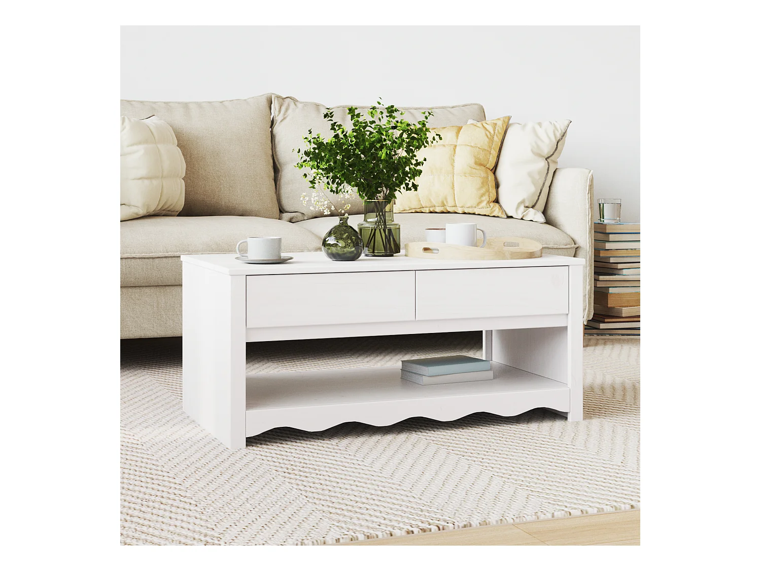 Table basse "DRAMMEN" Blanche 99x55x45 cm en bois massif de pin