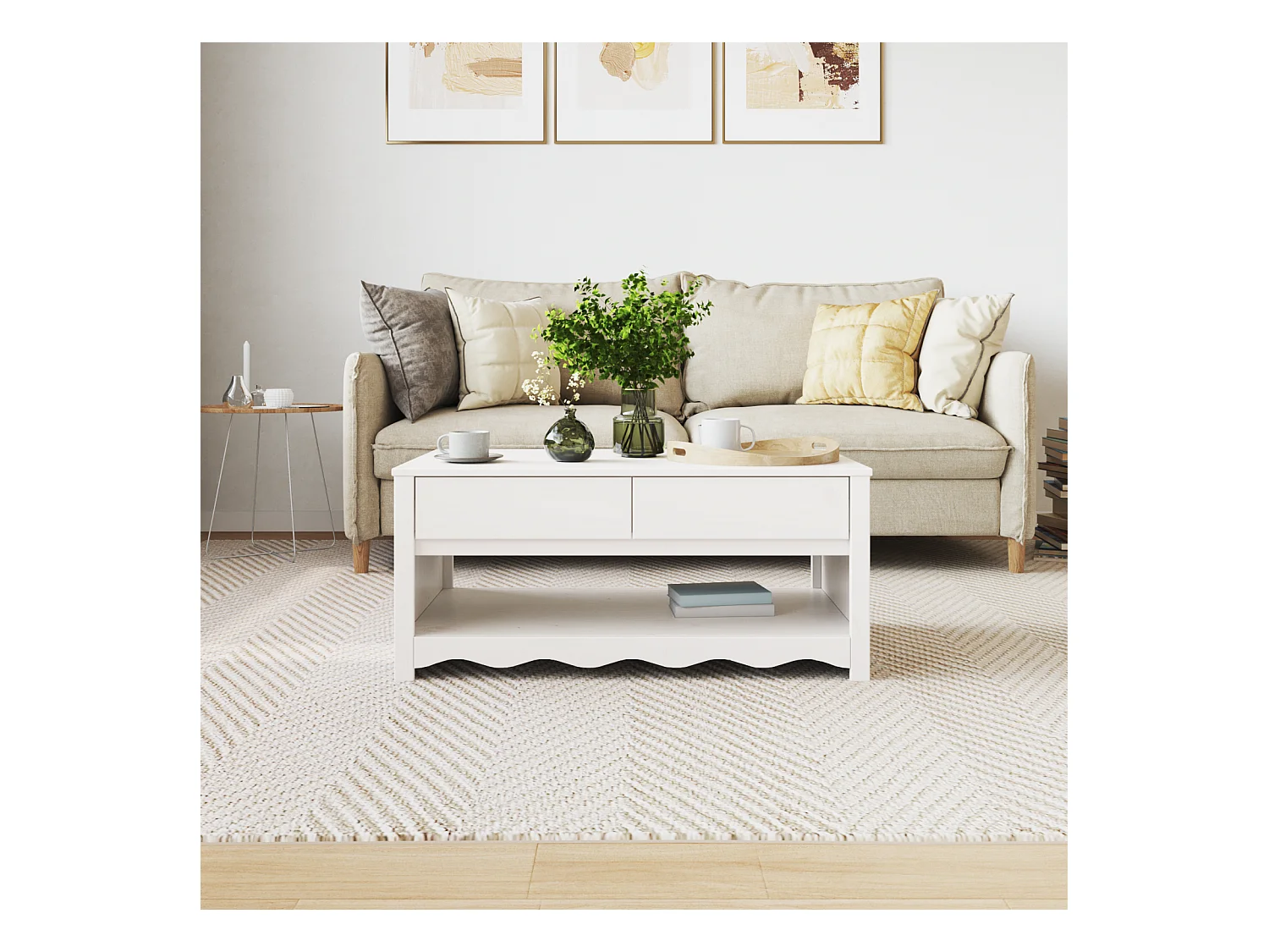 Table basse "DRAMMEN" Blanche 99x55x45 cm en bois massif de pin